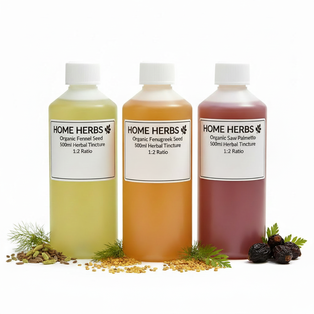Three plastic bottles of Home Herbs herbal tinctures arranged side by side on a white background, with loose herbs and seeds placed around the base of each bottle. The bottles contain pale yellow, amber-orange, and mauve-pink liquids and are labeled Organic Fennel Seed, Organic Fennagreck Seed, and Organic Saw Palmetto.