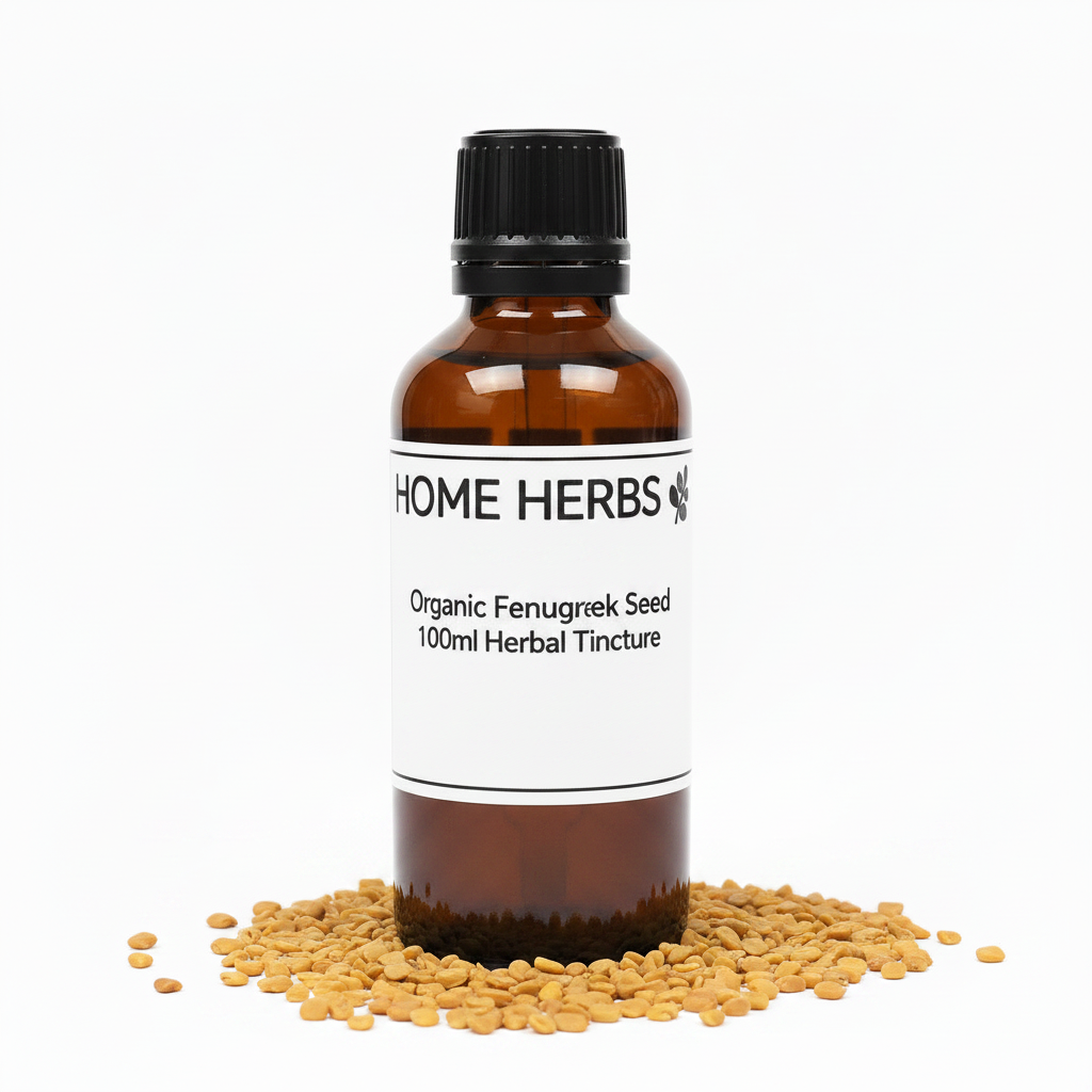 An amber glass bottle of Home Herbs Organic Fenugreek Seed Herbal Tincture with a black cap and white label, surrounded by scattered fenugreek seeds on a white background.