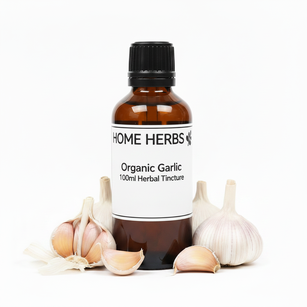 An amber glass bottle of Home Herbs Organic Garlic Herbal Tincture with a black cap and white label, styled with fresh garlic bulbs and garlic cloves on a white background.