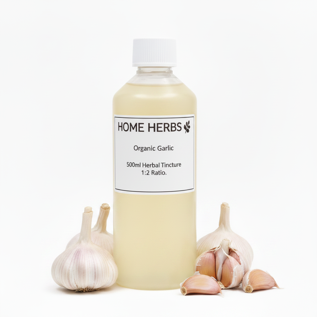 A 500ml bottle of Home Herbs Organic Garlic Herbal Tincture, 1:2 ratio, displayed on a white background with fresh garlic bulbs and cloves arranged around its base.
