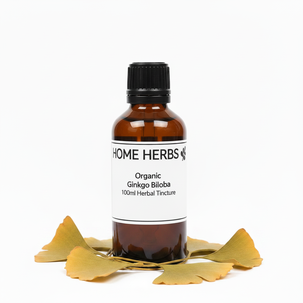 An amber glass bottle of Home Herbs Organic Ginkgo Biloba 100ml Herbal Tincture, styled with scattered golden ginkgo leaves on a clean white background.