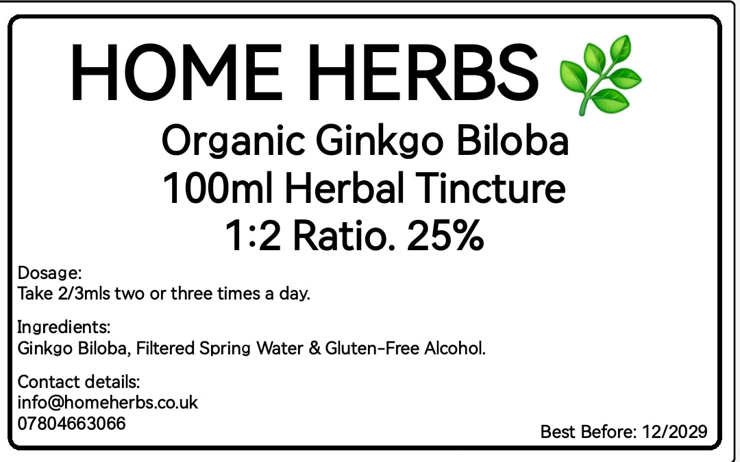 A square product label for Home Herbs Organic Ginkgo Biloba 100ml Herbal Tincture. The label has a white background with black text and a small green leaf graphic in the top right.