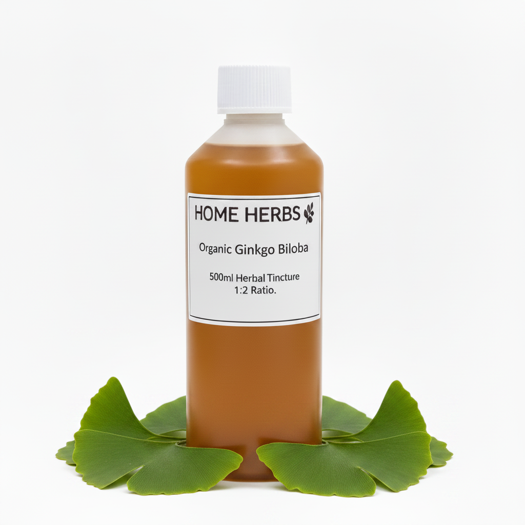 A 500ml bottle of Home Herbs Organic Ginkgo Biloba herbal tincture, filled with an amber-brown liquid and topped with a white cap, displayed on a white background with green ginkgo leaves at its base.
