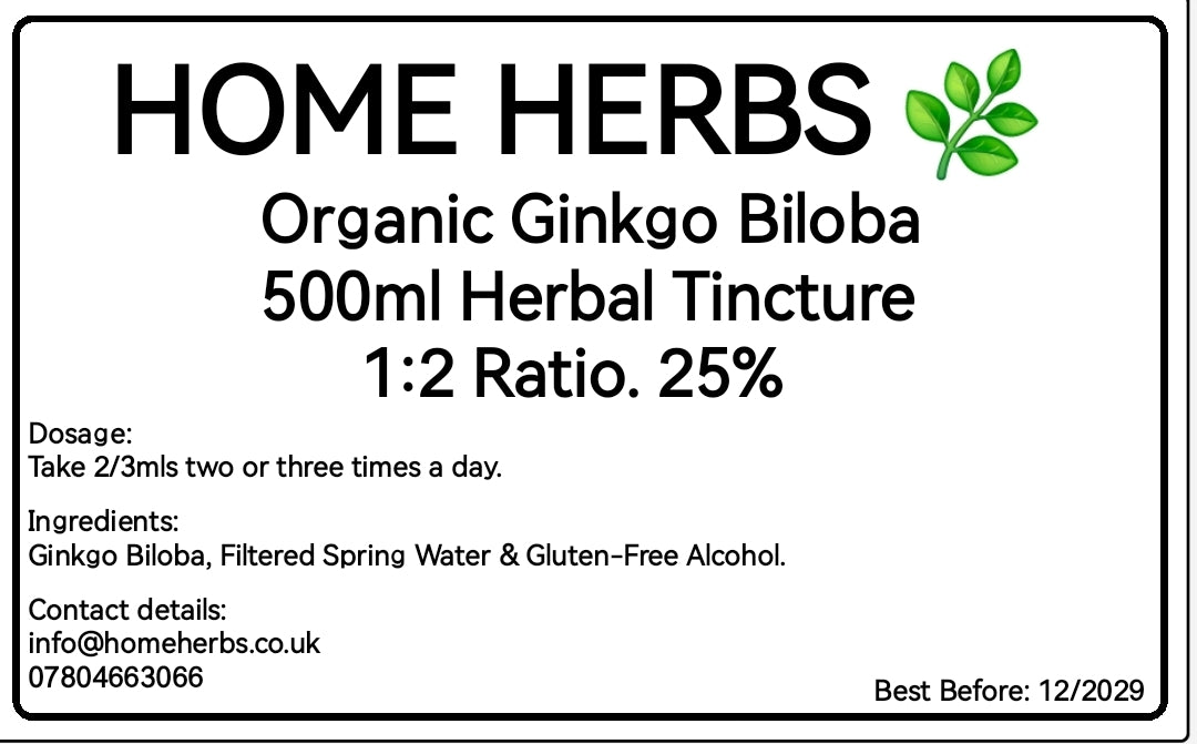 A black and white product label for Home Herbs Organic Ginkgo Biloba 500ml Herbal Tincture, featuring a green leaf logo and product details.
