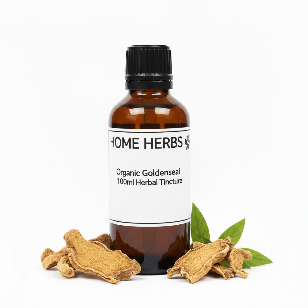 A 100ml amber glass bottle of Home Herbs Organic Goldenseal Herbal Tincture with a black cap and white label, styled with dried goldenseal roots and green leaves on a white background.