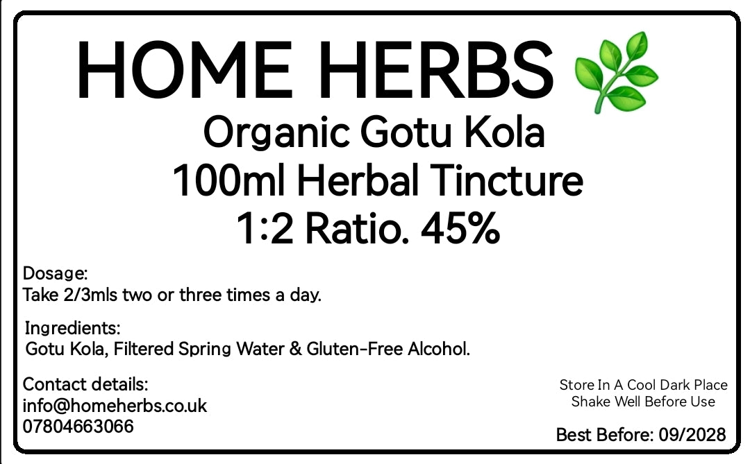 A black-bordered informational label for Home Herbs Organic Gotu Kola 100ml Herbal Tincture. The label features a white background with black text detailing dosage, ingredients, contact details, and storage instructions, alongside a small green leaf logo in the top right.