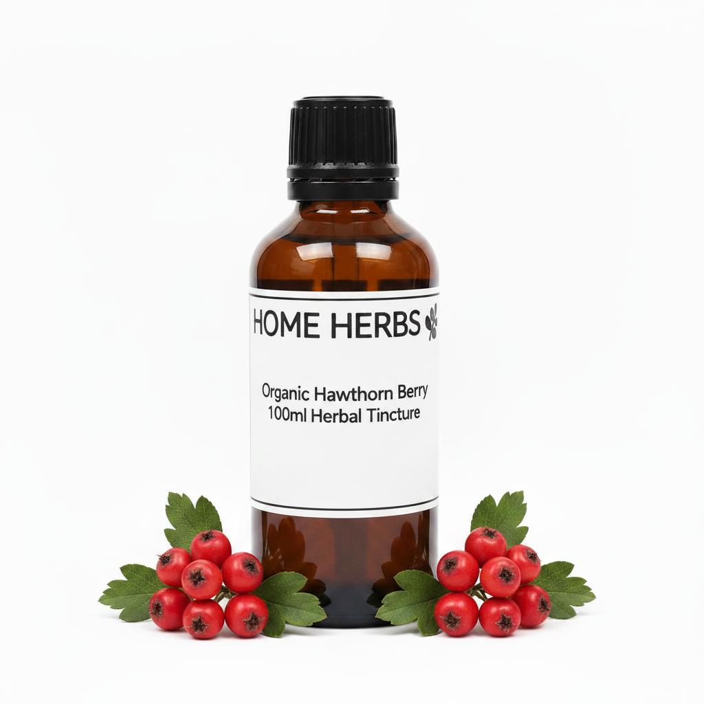 An amber glass bottle of Home Herbs Organic Hawthorn Berry 100ml Herbal Tincture with a black cap and white label, styled with fresh red berries and green leaves on a white background.