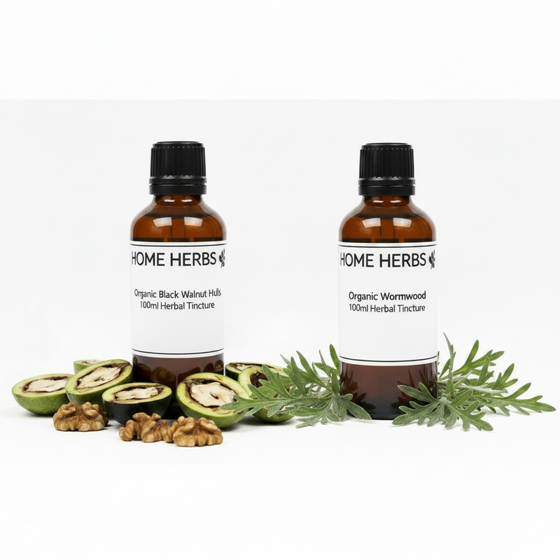 Two amber glass herbal tincture bottles labeled HOME HERBS Organic Black Walnut Hulls and Organic Wormwood, arranged on a white background with green/black walnut hulls and green wormwood sprigs.
