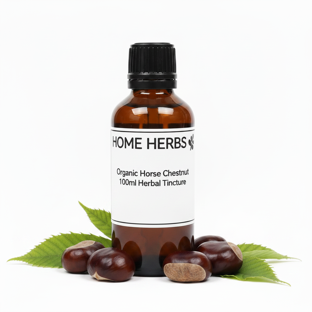 An amber glass bottle of Home Herbs Organic Horse Chestnut 100ml Herbal Tincture, styled with green leaves and horse chestnuts on a white background.