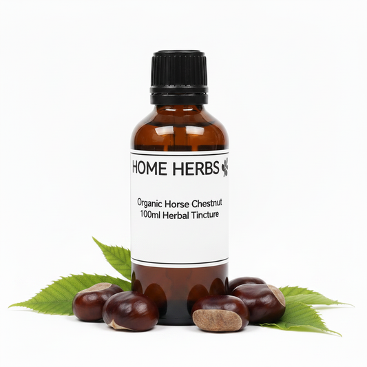 An amber glass bottle of Home Herbs Organic Horse Chestnut 100ml Herbal Tincture, styled with green leaves and horse chestnuts on a white background.