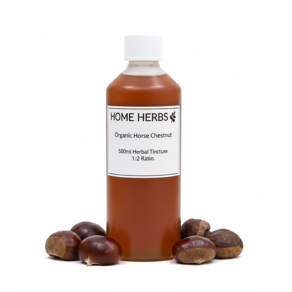 A 500ml bottle of Home Herbs Organic Horse Chestnut herbal tincture, filled with an amber-brown liquid and topped with a white cap, displayed on a white background with several horse chestnuts arranged at its base.