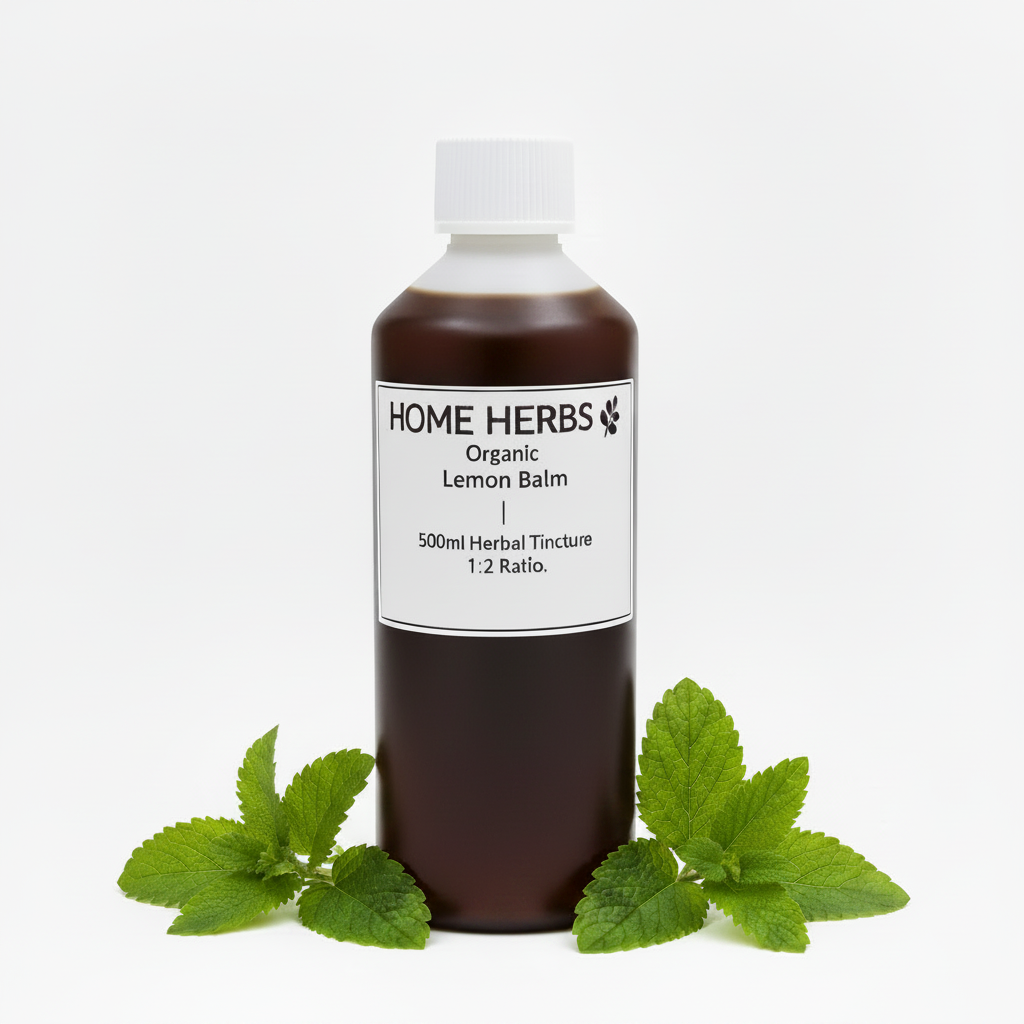 A 500ml bottle of Home Herbs Organic Lemon Balm herbal tincture, 1:2 ratio, shown with green lemon balm leaves at its base on a clean white background.