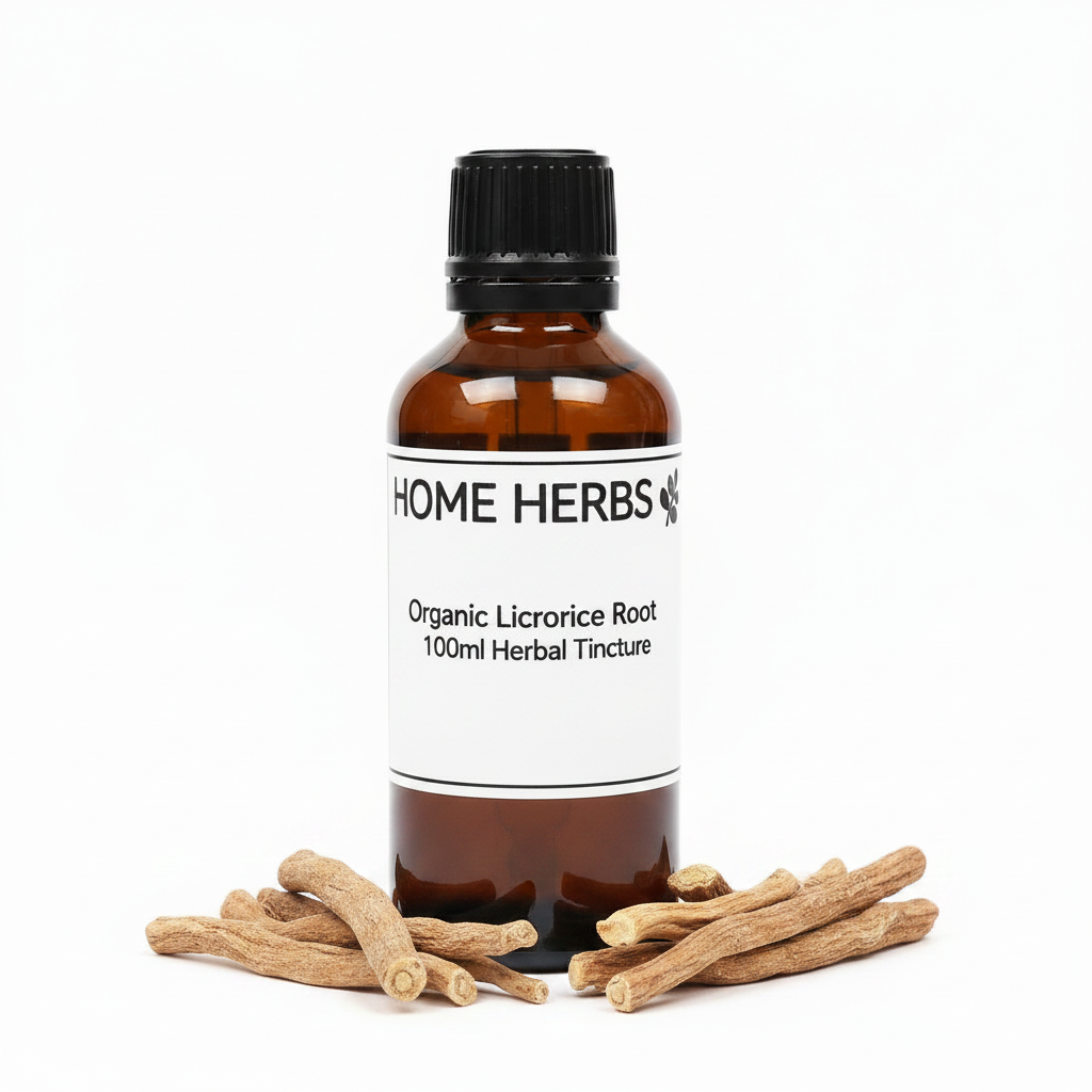 An amber glass bottle of Home Herbs Organic Licorice Root 100ml Herbal Tincture, surrounded by several dried licorice roots on a clean white background.