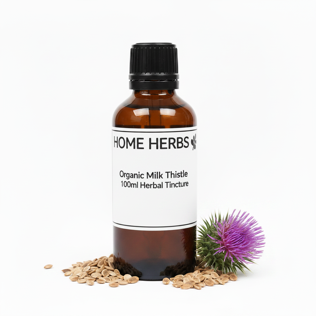 An amber glass bottle of Home Herbs Organic Milk Thistle 100ml Herbal Tincture, styled with a purple milk thistle flower, loose seeds, and a small green sprout on a clean white background.