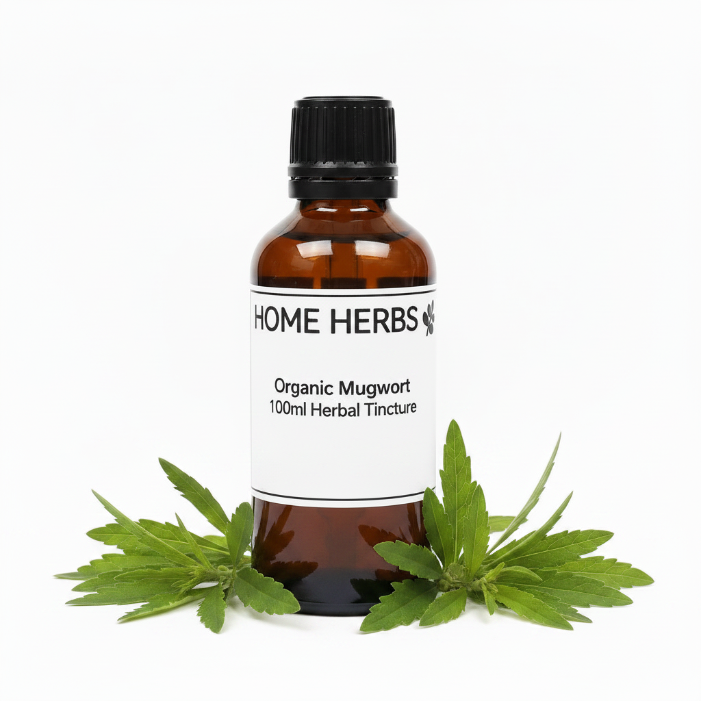 An amber glass bottle of Home Herbs Organic Mugwort 100ml Herbal Tincture with a black cap and white label, styled with fresh green mugwort leaves at the base on a white background.