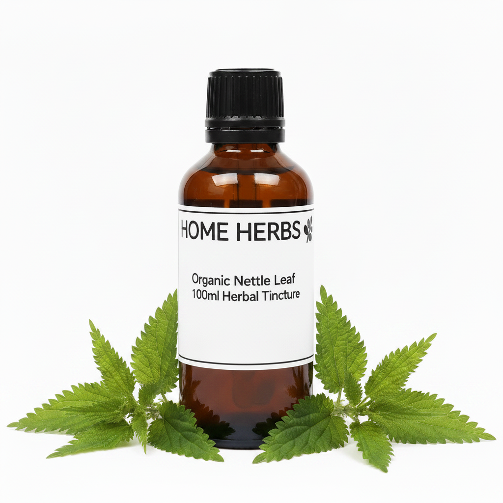 An amber glass bottle of Home Herbs Organic Nettle Leaf 100ml Herbal Tincture with a black cap and white label, styled with fresh green nettle leaves on a white background.