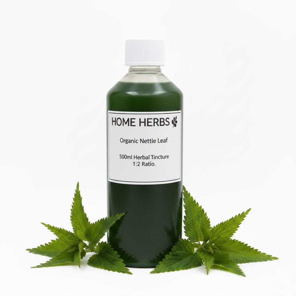 A 500ml bottle of Home Herbs Organic Nettle Leaf herbal tincture, filled with dark green liquid and topped with a white cap, styled with fresh green nettle leaves on a clean white background.