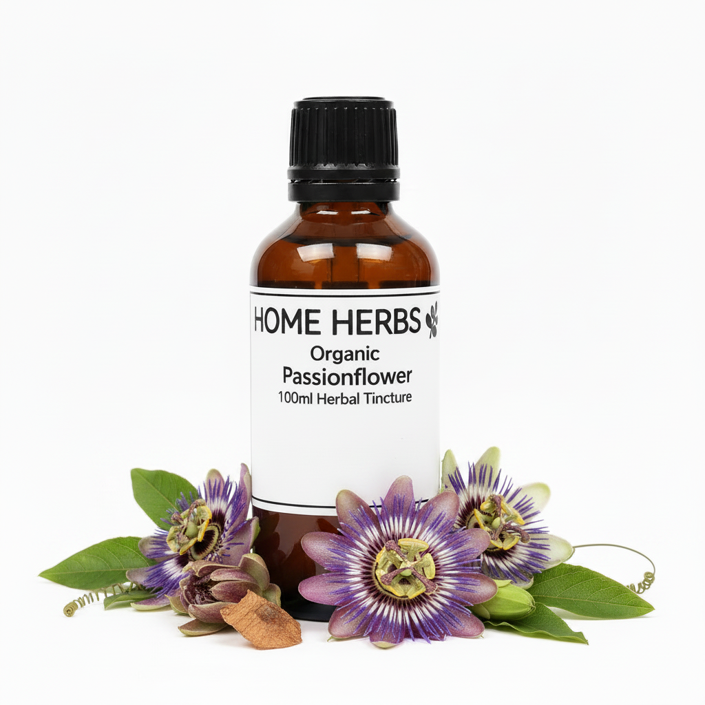 A 100ml amber glass bottle of Home Herbs Organic Passionflower Herbal Tincture with a black cap and white label, styled with fresh purple passionflower blossoms and green leaves on a white background.