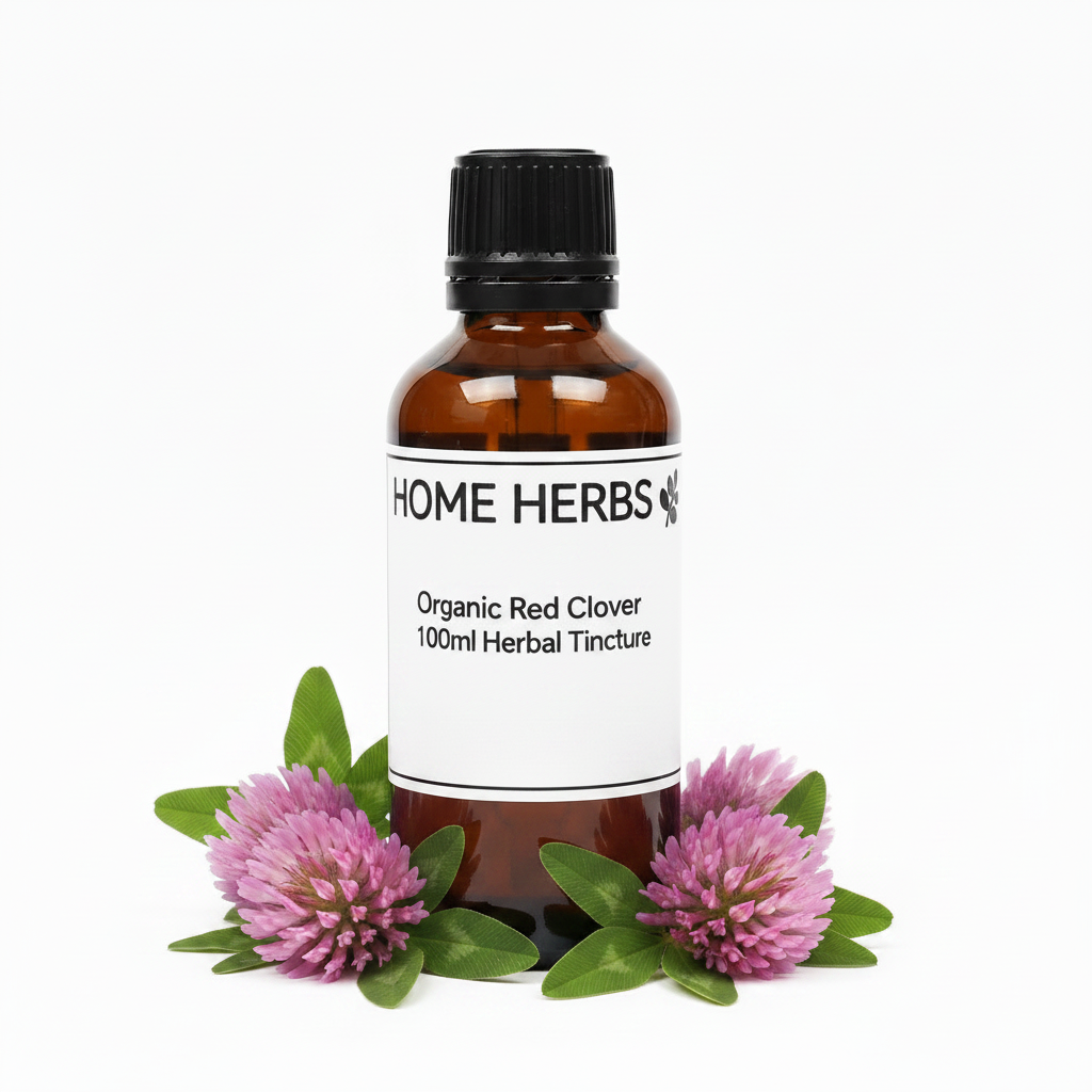 An amber glass bottle of Home Herbs Organic Red Clover 100ml Herbal Tincture with a black cap and white label, styled with two pink-red clover flowers and green leaves at the base, on a white background.