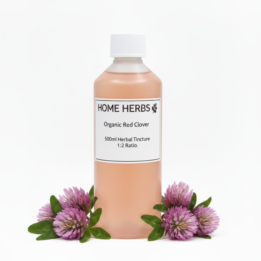 A 500ml bottle of Home Herbs Organic Red Clover herbal tincture, filled with a pale peach-colored liquid and topped with a white cap, displayed on a white background with purple-red clover flowers at its base.