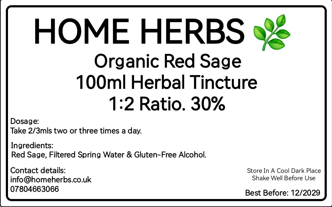 A product label for Home Herbs Organic Red Sage 100ml Herbal Tincture. The label features a white background with black text detailing dosage, ingredients, contact details, and storage instructions, along with a small green leaf graphic in the top right corner.