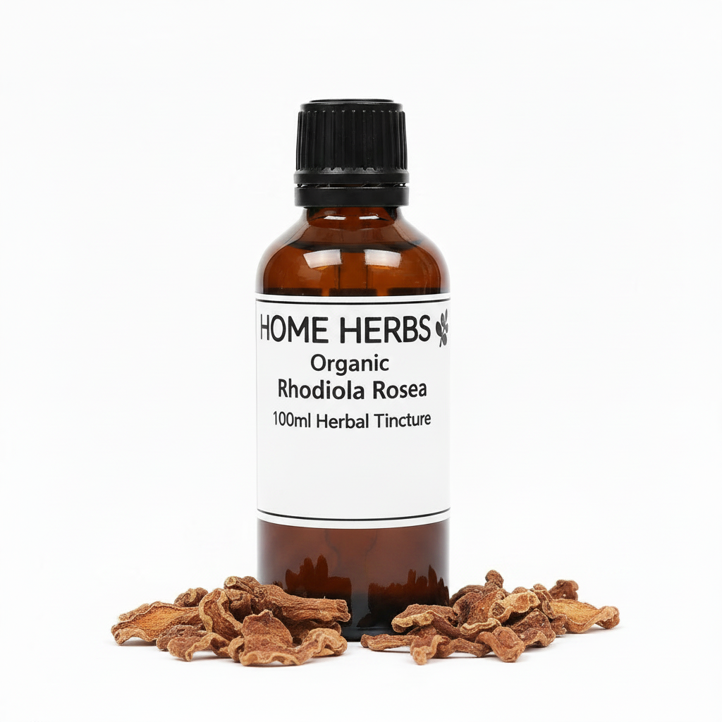 An amber glass bottle of Home Herbs Organic Rhodiola Rosea 100ml herbal tincture, displayed with dried rhodiola rosea roots in front of it on a white background.