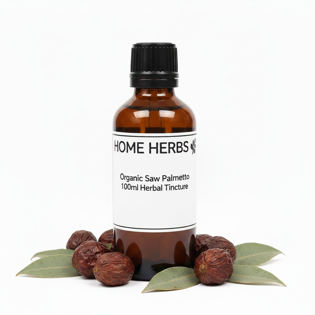 An amber glass bottle of Home Herbs Organic Saw Palmetto 100ml Herbal Tincture, surrounded by dried saw palmetto fruits and green leaves on a white background.