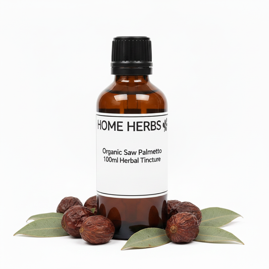 An amber glass bottle of Home Herbs Organic Saw Palmetto 100ml Herbal Tincture, surrounded by dried saw palmetto fruits and green leaves on a white background.
