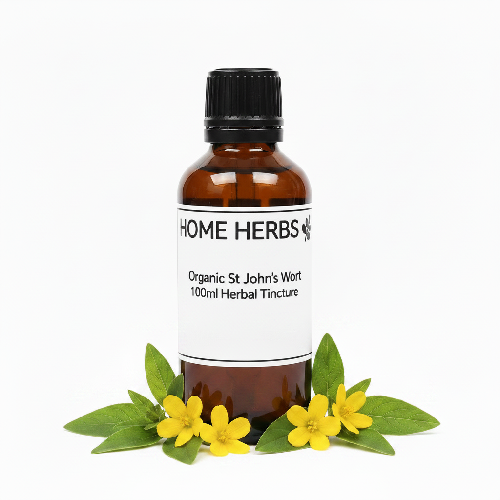 An amber glass bottle of Home Herbs Organic St John's Wort 100ml Herbal Tincture with a black cap and white label, styled with green leaves and small yellow flowers on a white background.