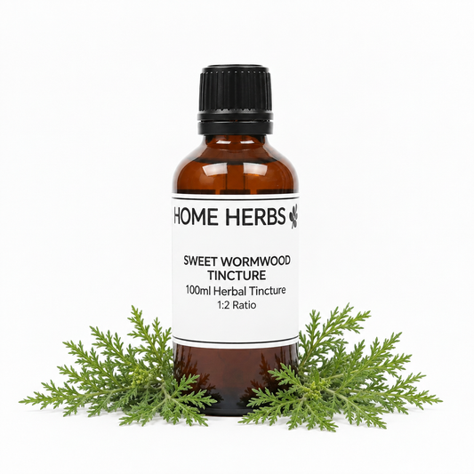 An amber glass bottle of Home Herbs Sweet Wormwood Tincture with a black cap and white label, styled with fresh green wormwood leaves at the base on a white background.