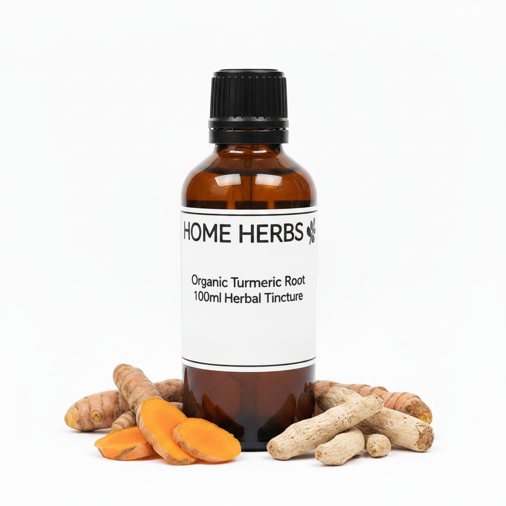 An amber glass bottle of Home Herbs Organic Turmeric Root herbal tincture with a black cap and white label, styled with fresh turmeric roots and sliced turmeric on a white background.