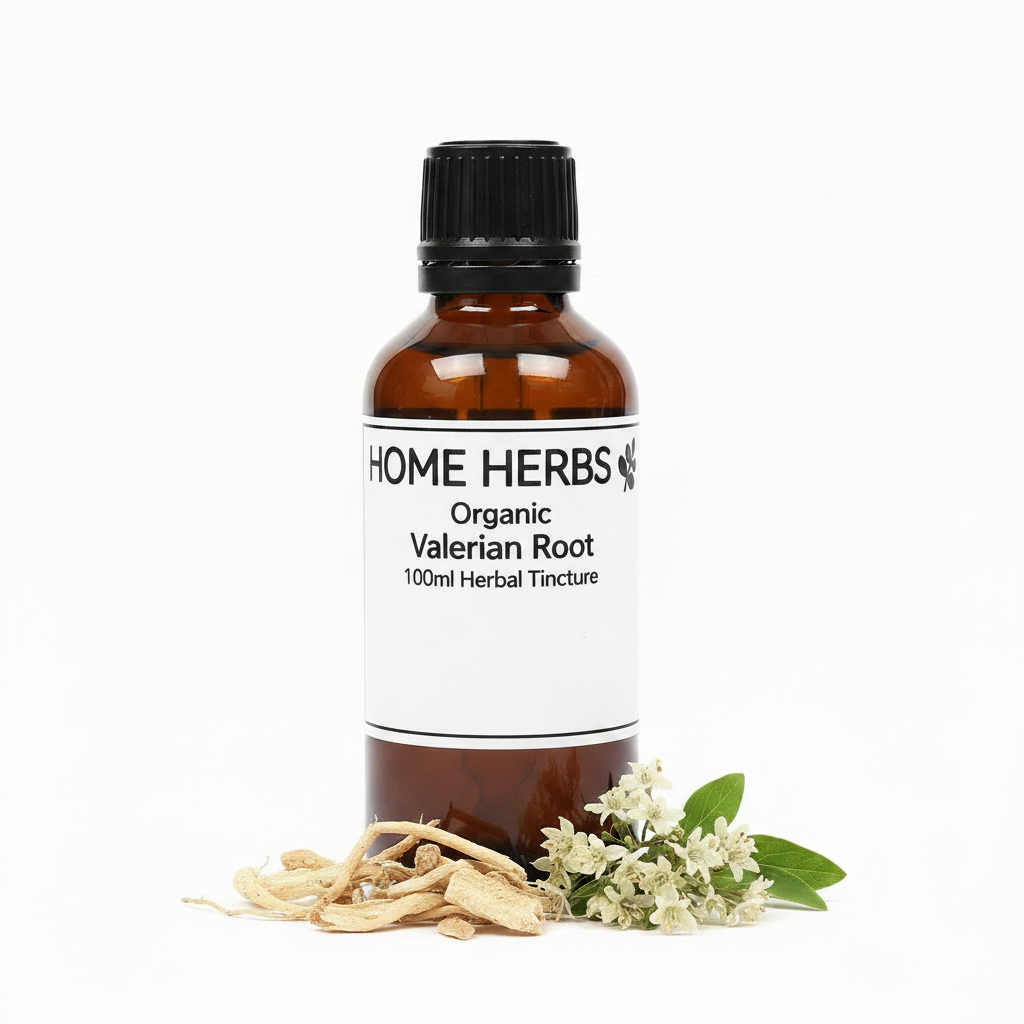 An amber glass bottle of Home Herbs Organic Valerian Root 100ml herbal tincture, styled with dried roots and white flowers on a white background.