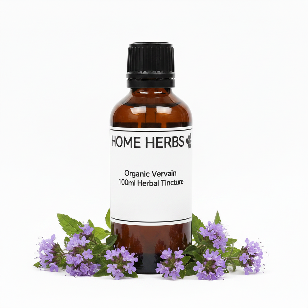 An amber glass bottle of Home Herbs Organic Vervain 100ml Herbal Tincture, surrounded by fresh green leaves and purple flowers on a white background.