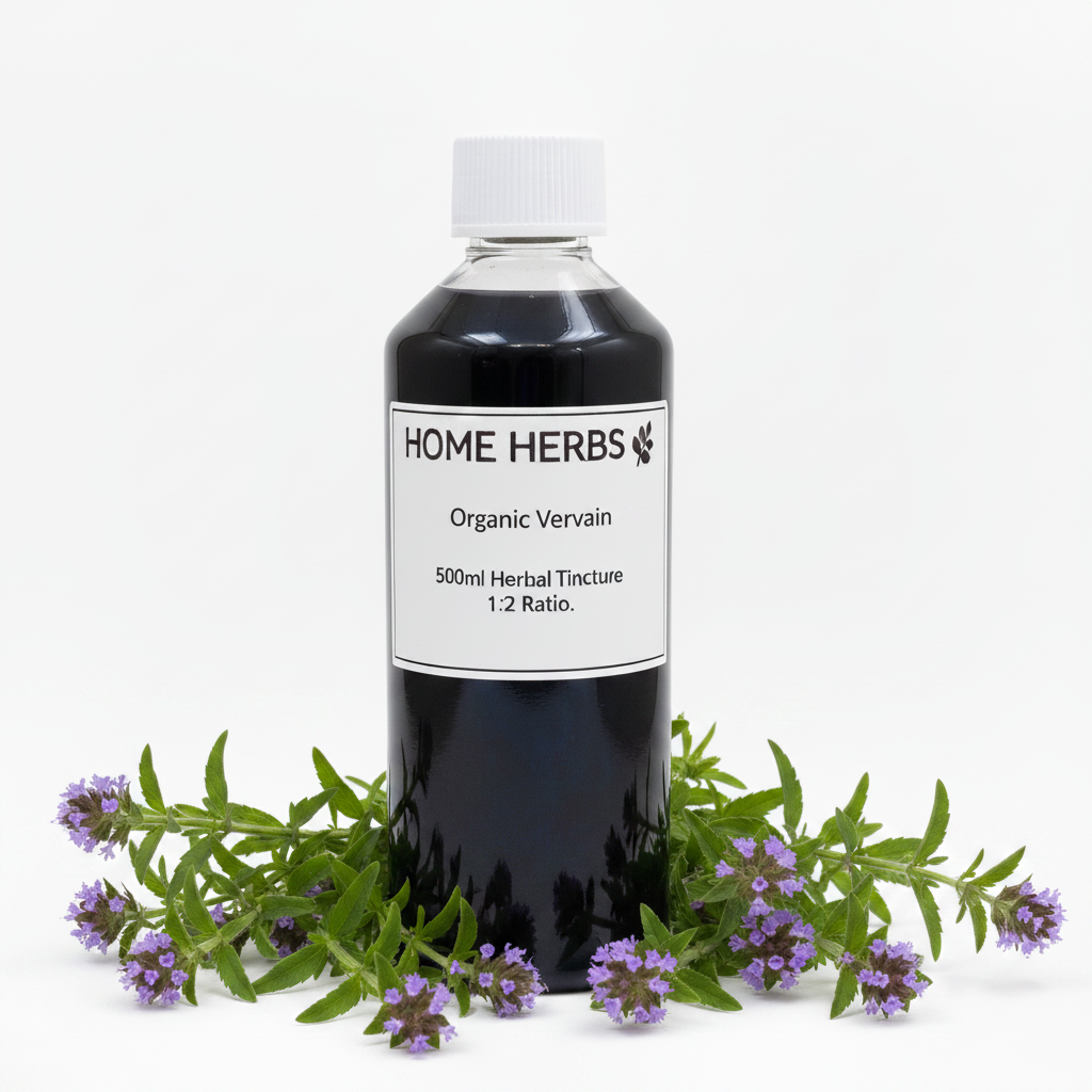 A 500ml bottle of Home Herbs Organic Vervain herbal tincture, 1:2 ratio, filled with dark liquid and topped with a white cap, surrounded by fresh green vervain stems with small purple flowers on a white background.