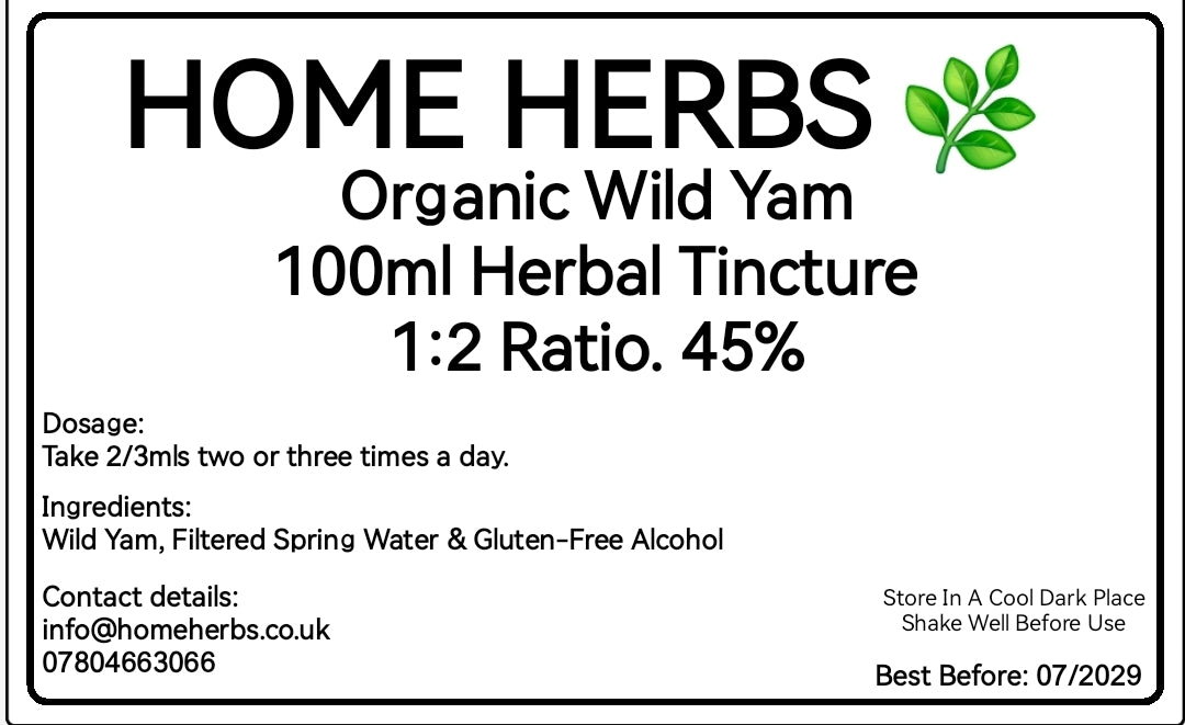 A square product label for Home Herbs Organic Wild Yam Herbal Tincture 100ml. The label features a white background with black text and a small green leaf graphic in the top right corner.