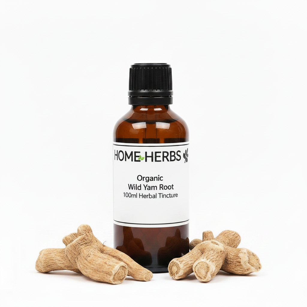 An amber glass bottle of Home Herbs Organic Wild Yarn Root tincture, surrounded by several natural light-brown roots on a clean white background.