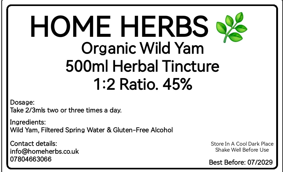 A square product label for Home Herbs Organic Wild Yam Herbal Tincture 500ml. The label features a white background with black text and a small green leaf graphic in the top right corner.