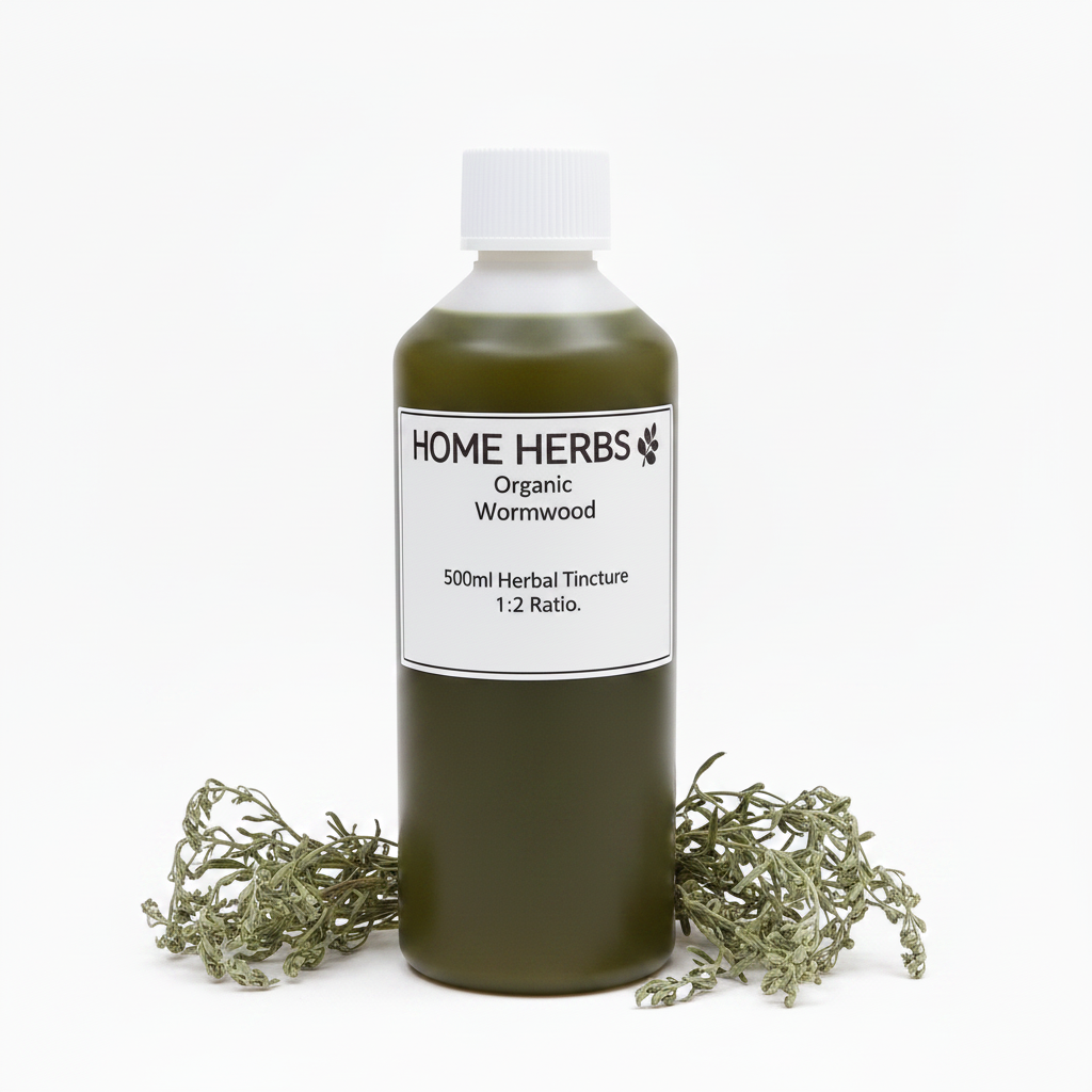 A 500ml bottle of Home Herbs Organic Wormwood herbal tincture, filled with an olive-green liquid and topped with a white cap, displayed on a white background with dried wormwood sprigs at its base.