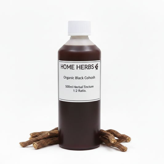 A 500ml bottle of Home Herbs Organic Black Cohosh herbal tincture, 1:2 ratio, shown with several dried brown roots at its base on a white background.