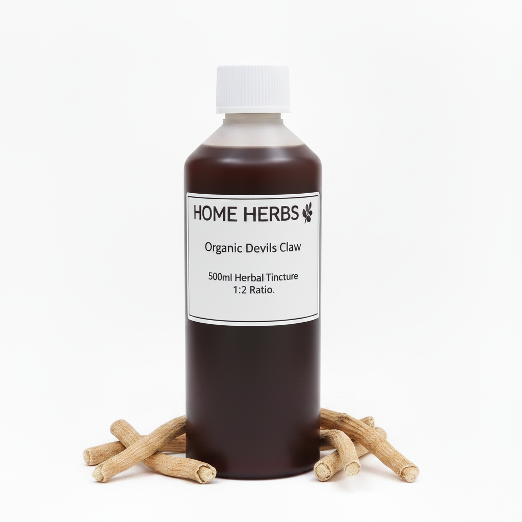 A 500ml bottle of Home Herbs Organic Devils Claw herbal tincture, 1:2 ratio, shown with several raw devil's claw roots arranged around its base on a clean white background.