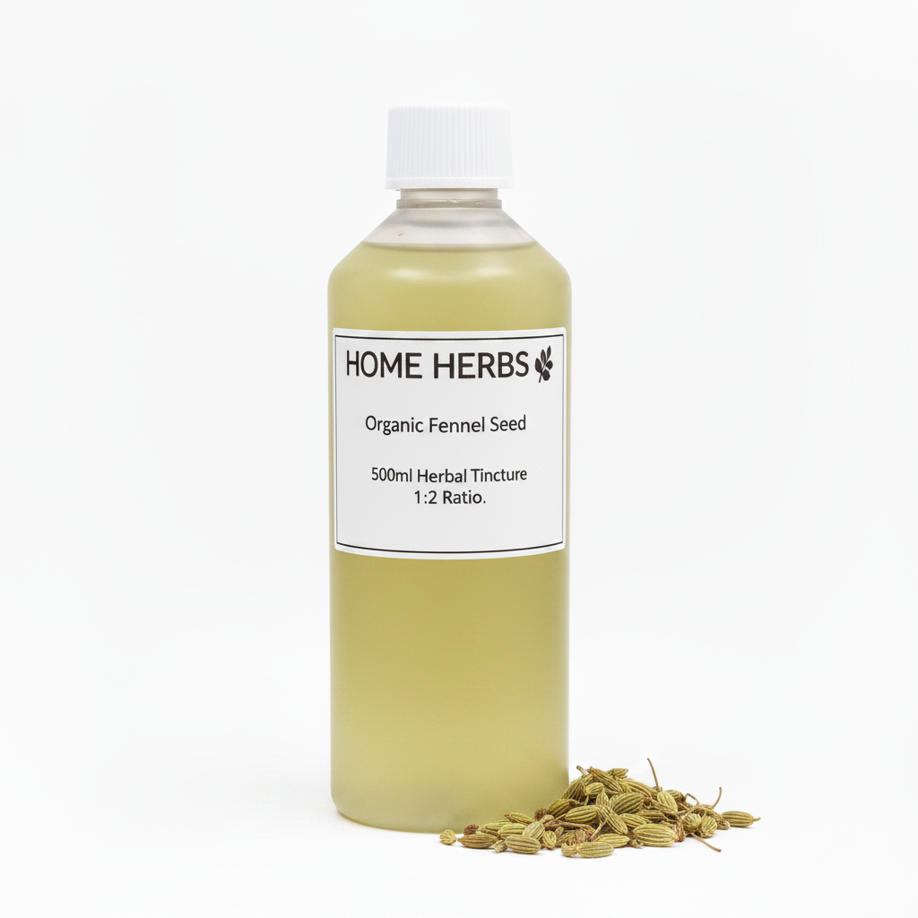 A 500ml clear plastic bottle of Home Herbs Organic Fennel Seed herbal tincture, filled with a pale yellow-green liquid and topped with a white cap, shown on a white background with a small pile of dried fennel seeds at its base.