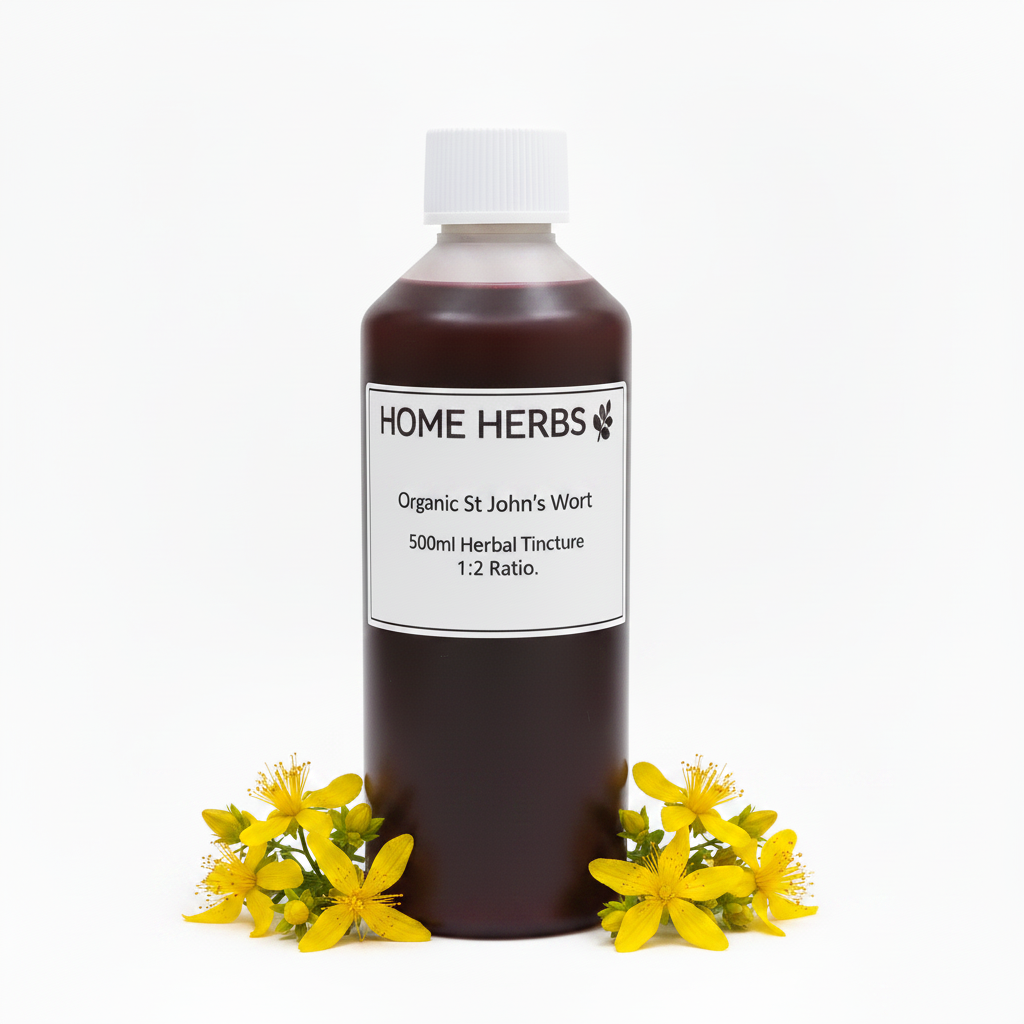 A 500ml bottle of Home Herbs Organic St John's Wort herbal tincture, 1:2 ratio, shown with yellow flowers at its base on a white background.
