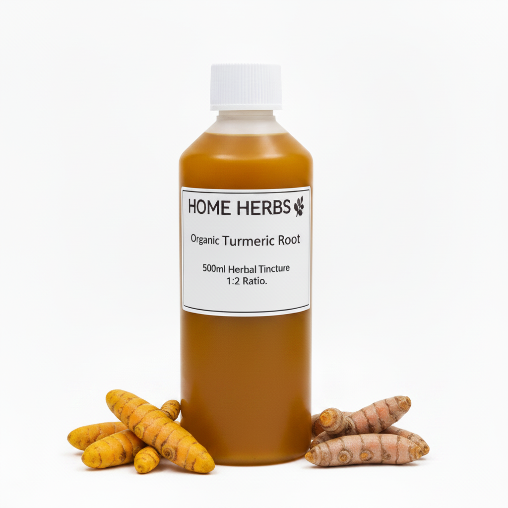 A 500ml bottle of Home Herbs Organic Turmeric Root herbal tincture, filled with an amber-brown liquid and topped with a white cap, displayed on a white background with fresh turmeric roots on either side.