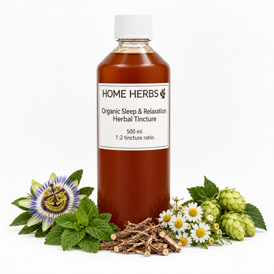 A 500 ml bottle of Home Herbs Organic Sleep & Relaxation Herbal Tincture, surrounded by its natural ingredients including passion flower, mint, chamomile, and hops, on a clean white background.