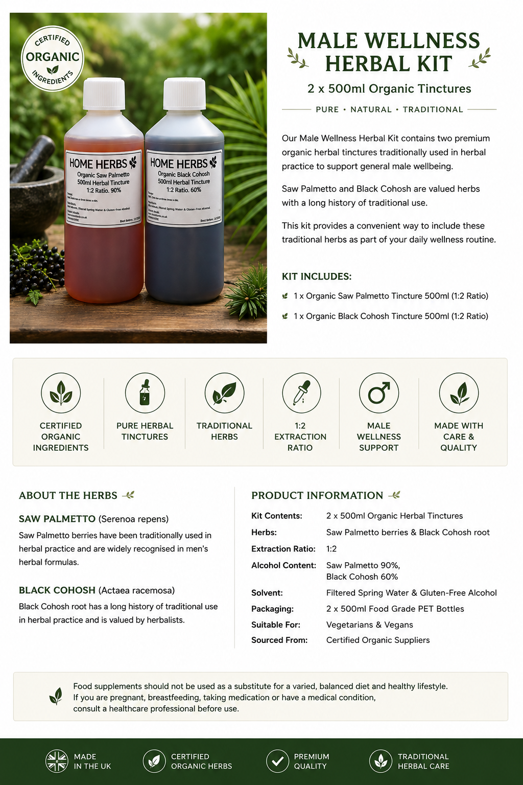 Organic Male Wellness Kit - Saw Palmetto & Black Cohosh - 2x 500ml Pure Herbal Tinctures - HOME HERBS